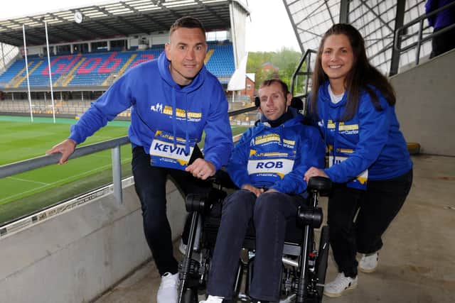 Kevin Sinfield, with best friend Rob Burrow and wife Lindsey. Photo: Steve Riding