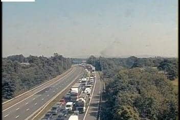 <p>Traffic building on the M6 northbound following a collision between Preston and Lancaster Photo: National Highways </p>