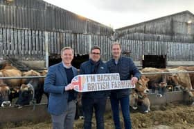 NFU member Johnny Hewitt, Mayor of Greater Manchester Andy Burnham and NFU member and host Jason Enthwistle