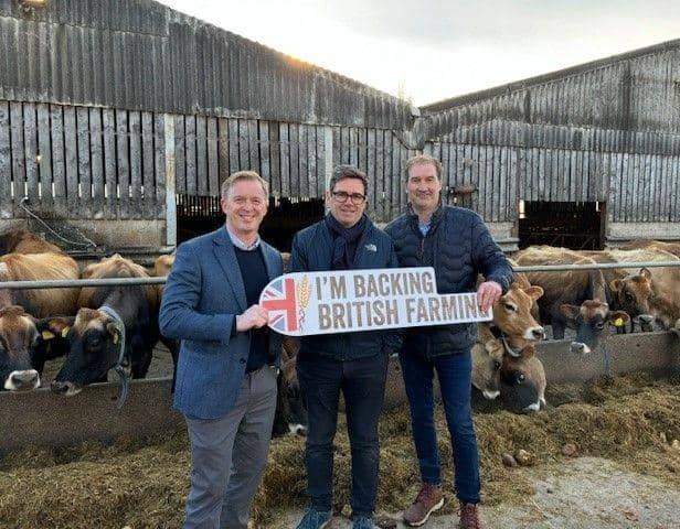 NFU member Johnny Hewitt, Mayor of Greater Manchester Andy Burnham and NFU member and host Jason Enthwistle