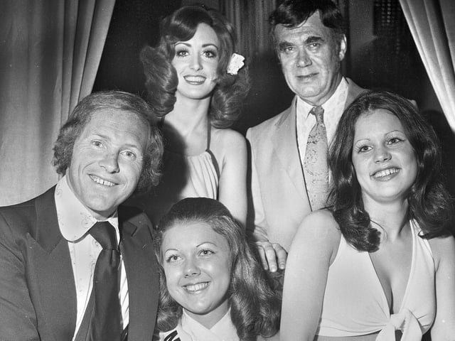 Radio One DJ "Diddy" David Hamilton with Miss Wigan Casino, Norma Leyland, and runners up on Friday 27th of July 1973.
Back is Wigan Casino manager Gerry Marshall.