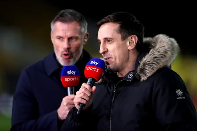 WOLVERHAMPTON, ENGLAND - MARCH 18: Gary Neville and Jamie Carragher , Ex footballers and sky sports pundits and presenters looks on during the Premier League match between Wolverhampton Wanderers and Leeds United at Molineux on March 18, 2022 in Wolverhampton, England. (Photo by Naomi Baker/Getty Images)