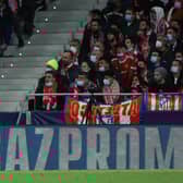 Advertisement of the Russian state-owned gas company Gazprom displayed on an advertising during the UEFA Champions League round of sixteen first leg match at Wanda Metropolitano, Madrid. Picture date: Wednesday February 23, 2022. See PA story SOCCER Man Utd. Photo credit should read: Isabel Infantes/PA Wire. RESTRICTIONS: Use subject to restrictions. Editorial use only, no commercial use without prior consent from rights holder.