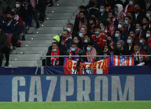 Advertisement of the Russian state-owned gas company Gazprom displayed on an advertising during the UEFA Champions League round of sixteen first leg match at Wanda Metropolitano, Madrid. Picture date: Wednesday February 23, 2022. See PA story SOCCER Man Utd. Photo credit should read: Isabel Infantes/PA Wire. RESTRICTIONS: Use subject to restrictions. Editorial use only, no commercial use without prior consent from rights holder.