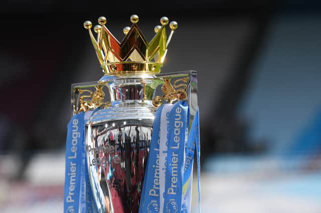 LONDON, ENGLAND - AUGUST 07: Detail view of the Premier League Trophy prior to the Premier League match between West Ham United and Manchester City at London Stadium on August 07, 2022 in London, England. (Photo by Mike Hewitt/Getty Images)