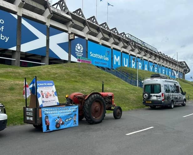 Brian's tractor parked at the Murrayfield Stadium in Scotland.