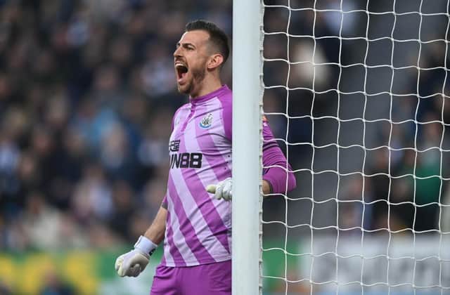 Newcastle goalkeeper Martin Dubravka organises his defenders during the Premier League match between Newcastle United and Crystal Palace at St. James Park on April 20, 2022 in Newcastle upon Tyne, England. (Photo by Stu Forster/Getty Images)