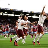 BURNLEY, ENGLAND - AUGUST 11: Erling Haaland of Manchester City celebrates after scoring the team's first goal during the Premier League match between Burnley FC and Manchester City at Turf Moor on August 11, 2023 in Burnley, England. (Photo by Nathan Stirk/Getty Images)