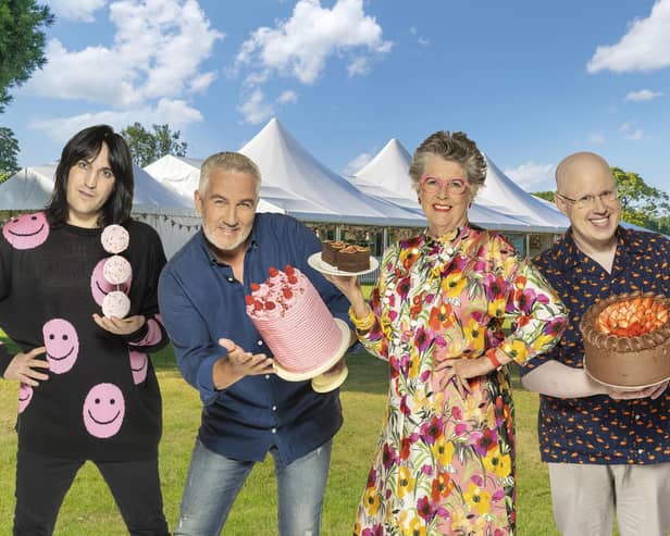 Noel Fielding, Paul Hollywood, Prue Leith, and Matt Lucas from The Great British Bake Off.
