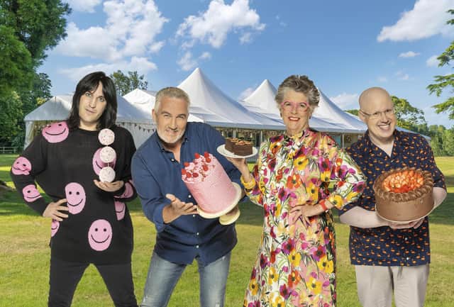 Noel Fielding, Paul Hollywood, Prue Leith, and Matt Lucas from The Great British Bake Off.