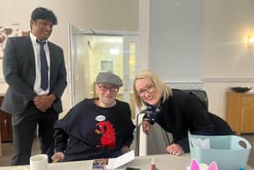 Pendleton Court Care Home - MP Rebecca Long Bailey with Home Manager, Anoj Kochera and resident