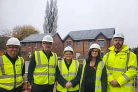 Cllr Gavin White; Mayor of Greater Manchester Andy Burnham; Councillor Bev Craig, Leader of Manchester City Council; Catriona Simons, Group Chief Executive of The Guinness Partnership and Kevin Williams, Group Director of Development & Commercial Services at Guinness.