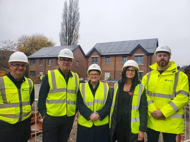 Cllr Gavin White; Mayor of Greater Manchester Andy Burnham; Councillor Bev Craig, Leader of Manchester City Council; Catriona Simons, Group Chief Executive of The Guinness Partnership and Kevin Williams, Group Director of Development & Commercial Services at Guinness.