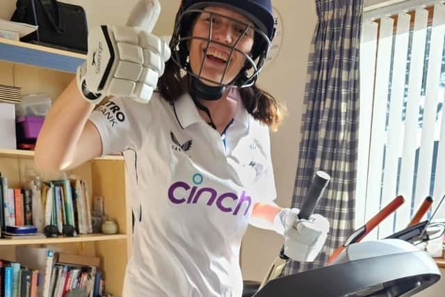 Charlotte Whistlecroft trains in full cricket gear for adidas Manchester Marathon