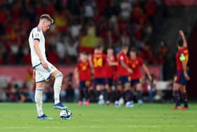 Scotland midfielder Scott McTominay looks dejected after Oihan Sancet put Spain 2-0 ahead. (Photo by Fran Santiago/Getty Images)