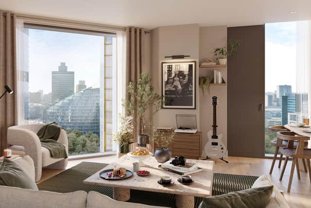 Picture windows offer views across the city.