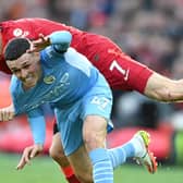 Liverpool’s James Milner was lucky not to give away a penalty following a collision with Man City’s Phil Foden in the 2-2 draw. Picture: Michael Regan/Getty Images
