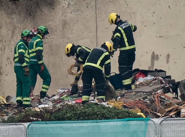 <p>Specialist rescue teams at the scene of an explosion and fire at a block of flats in St Helier, Jersey.</p>