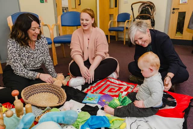 Jane Coyne Treating Tobacco Dependency Lead for NHS Greater Manchester and Kate Brintworth Chief Midwifery Officer for England with service user Gemma and her baby.