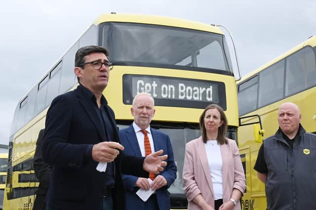 The Mayor of Greater Manchester Andy Burnham, was joined by transport commissioner Vernon Everitt and leaders of Wigan Council and Bolton Council plus a fleet of yellow Bee Buses ready for the launch