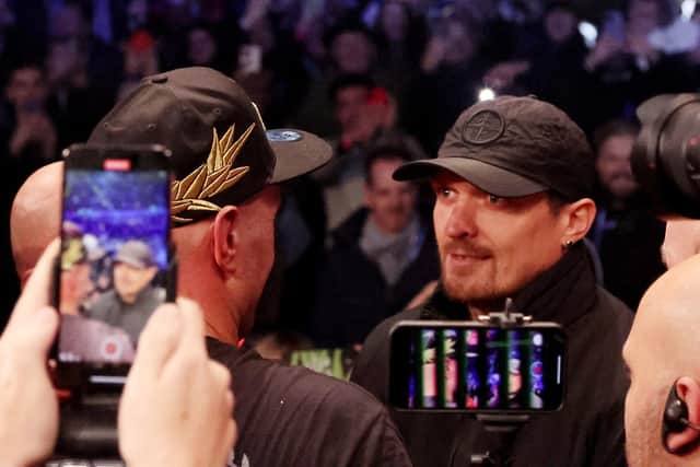 Tyson Fury and Oleksandr Usyk went face-to-face after the Gypsy King's win over Derek Chisora in December