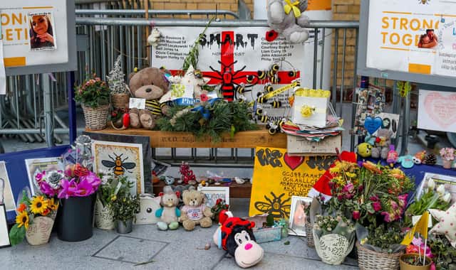 A memorial to the victims of the Manchester Arena bombing at nearby Victoria Station.