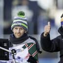 Kevin Sinfield with Rob Burrow after completing his Extra Mile Challenge of 101 miles in under 24hrs.