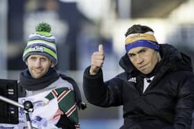 Kevin Sinfield with Rob Burrow after completing his Extra Mile Challenge of 101 miles in under 24hrs.