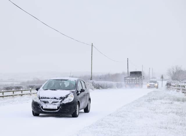 The roads in Armoy this morning proved difficult to pass with heavy overnight snow and ice.
As sub-zero temperatures swept across Northern Ireland overnight, warnings are in place for drivers to take care on roads.
Monday was a bitterly cold evening, with snow and ice taking hold from late afternoon.
The north west has been particularly badly hit.
Police in Derry said they dealt with 19 crashes in the city as well as city, Strabane, Slaughtmanus and Donemana.
"If you are driving, please slow down and keep a safe distance from the vehicle in front of you," police said.
A number of schools have also been closed.
Photo Stephen Davison/Pacemaker Press