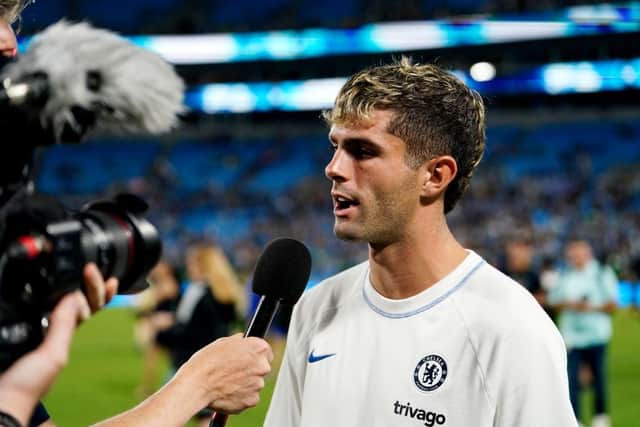 Christian Pulisic of Chelsea speaks to the media after the Pre-Season Friendly match between Chelsea FC and Charlotte FC at Bank of America Stadium on July 20, 2022 in Charlotte, North Carolina. (Photo by Jacob Kupferman/Getty Images)