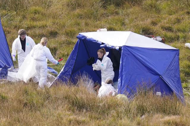 Officers from Greater Manchester Police continue a search on Saddleworth Moor for the remains of 12-year-old Keith Bennett, one of five victims of Ian Brady and Myra Hindley.