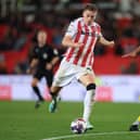 Liam Delap playing for Stoke City.  