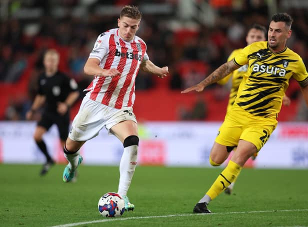 Liam Delap playing for Stoke City.  