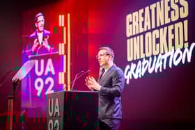 Gary Neville giving a speech at the graduation