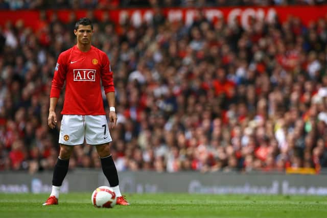 MANCHESTER, ENGLAND - MAY 10:  Cristiano Ronaldo of Manchester United lines up a free kick during the Barclays Premier League match between Manchester United and Manchester City at Old Trafford on May 10, 2009 in Manchester, England.  (Photo by Alex Livesey/Getty Images)