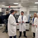 Professor Anthony Green (left), Alan Mak MP (centre, left), Professor Aline Miller (centre, right) and Dr Rosalind Le Feuvre (right) in one of the laboratories inside the Manchester Institute of Biotechnology