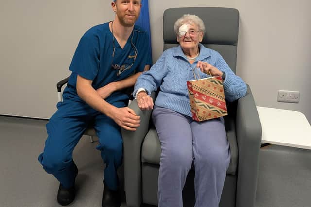 Joan is urging others not to avoid the warning signs of skin cancer. She is pictured after her surgery with Mr James Young.