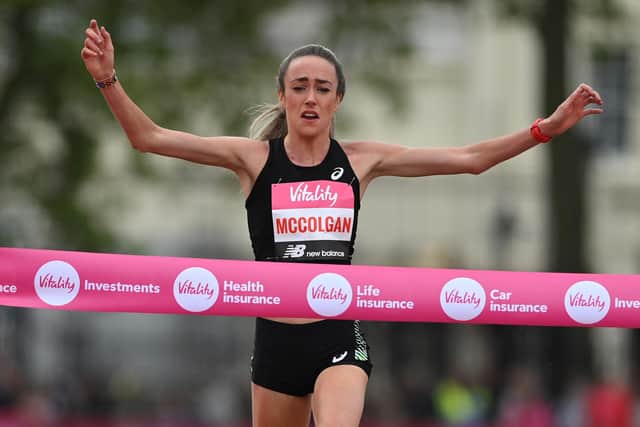 Eilish McColgan wins the women's elite race during the Vitality London 10,000m road race. Pic by Justin Setterfield/Getty Images