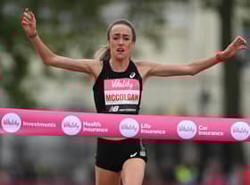 Eilish McColgan wins the women's elite race during the Vitality London 10,000m road race. Pic by Justin Setterfield/Getty Images