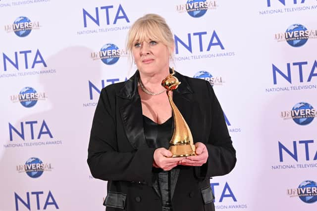 Sarah Lancashire, winner of the Special Recognition award and the Drama Performance award for her work in "Happy Valley", poses in the National Television Awards 2023 Winners Room at The O2 Arena. (Photo by Jeff Spicer/Getty Images)