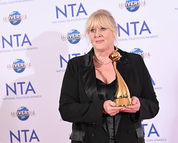 Sarah Lancashire, winner of the Special Recognition award and the Drama Performance award for her work in "Happy Valley", poses in the National Television Awards 2023 Winners Room at The O2 Arena. (Photo by Jeff Spicer/Getty Images)