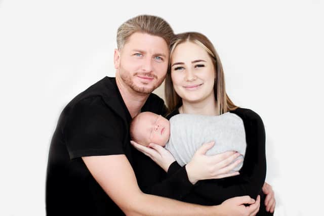 Sammy Gray feared she’d become infertile, but son Walter was born on February 23 
Sammy is pictured with her son Walter and partner Daley
Photo credit: Kelly Couttie Photography/PA Wire