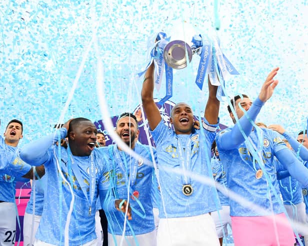 Fernandinho lifts the Premier League trophy as Manchester City are crowned champions for the 2020/21 season. (Photo by Michael Regan/Getty Images)