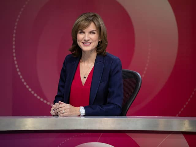  Fiona Bruce on the set of Question Time. Question Time is returning to TV screens - days after the pay of its host Fiona Bruce was revealed. The flagship BBC One political show will be back Thursday with a slightly larger virtual audience than in the last series.