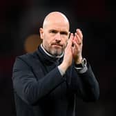 Erik ten Hag, Manager of Manchester United, applauds the fans after their side's victory in the Emirates FA Cup Quarter Final match between Manchester United and Fulham at Old Trafford on March 19, 2023 in Manchester, England. (Photo by Michael Regan/Getty Images)