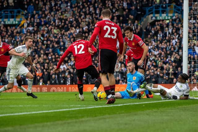 Manchester United's David de Gea clears from Leeds United's Crysencio Summerville during a clean sheet performance at Elland Road. (Picture: Bruce Rollinson)