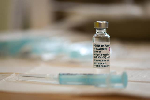 BRIDPORT, ENGLAND - MARCH 20: Oxford AstraZeneca COVID-19 Vaccine and syringe are seen at the medical centre on March 20, 2021 in Bridport, England. Bridport Medical Centre aims to administer a record 2,500 vaccinations in one day with vaccinators coming from medical centres including Lyme, Charmouth and Beaminster. (Photo by Finnbarr Webster/Getty Images)
