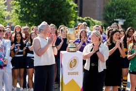 The new Women’s Rugby World Cup trophy being revealed at Battersea Power Station