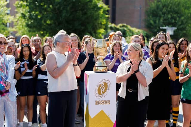 The new Women’s Rugby World Cup trophy being revealed at Battersea Power Station