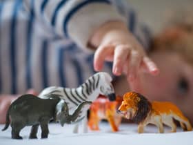 A preschool age child plays with plastic toy animals.